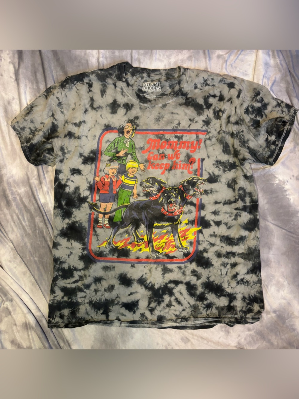Medium Tie-Dye Graphic Tee with Fiery Black Dogs and Red Accents